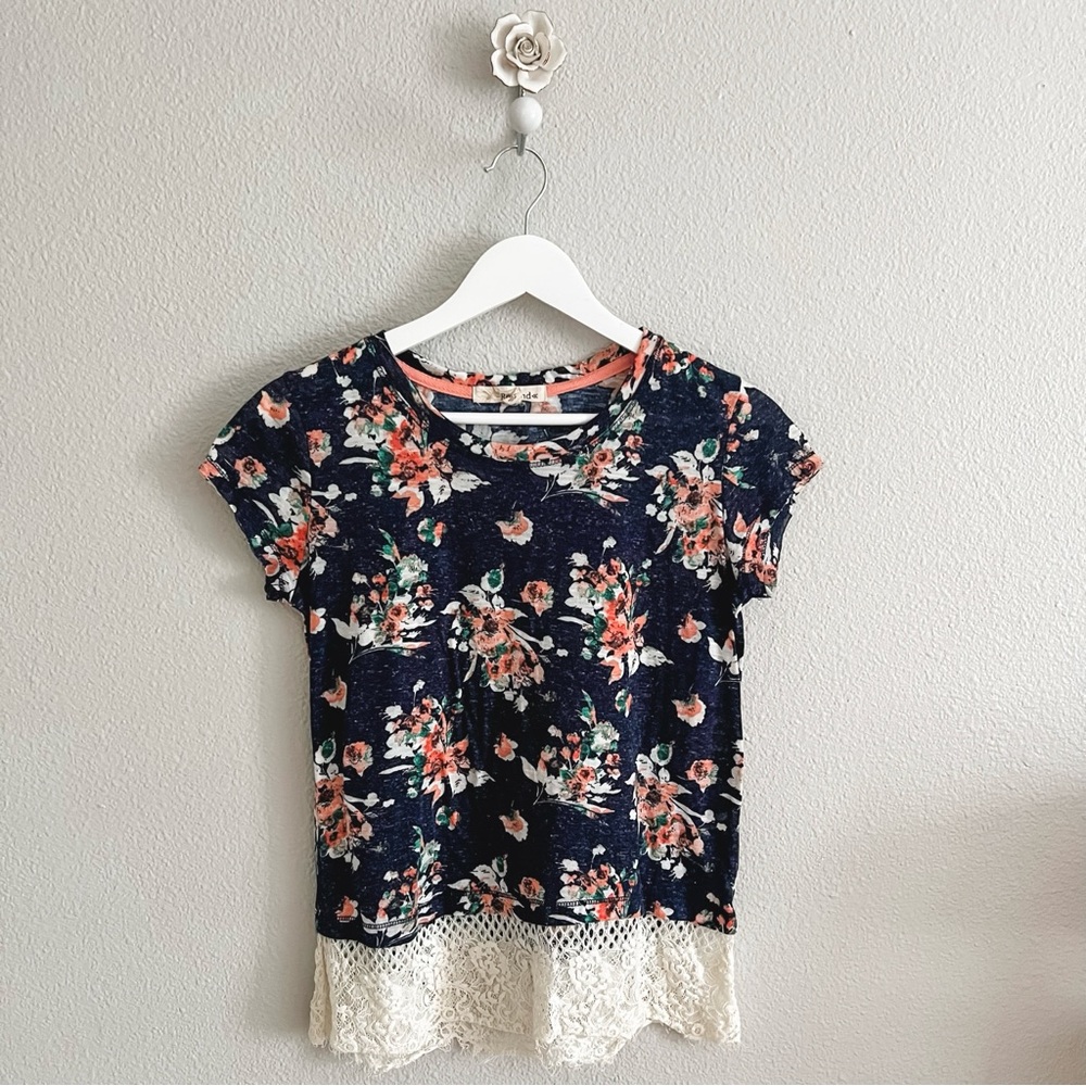 Floral Navy and Cream Lace Hem Top